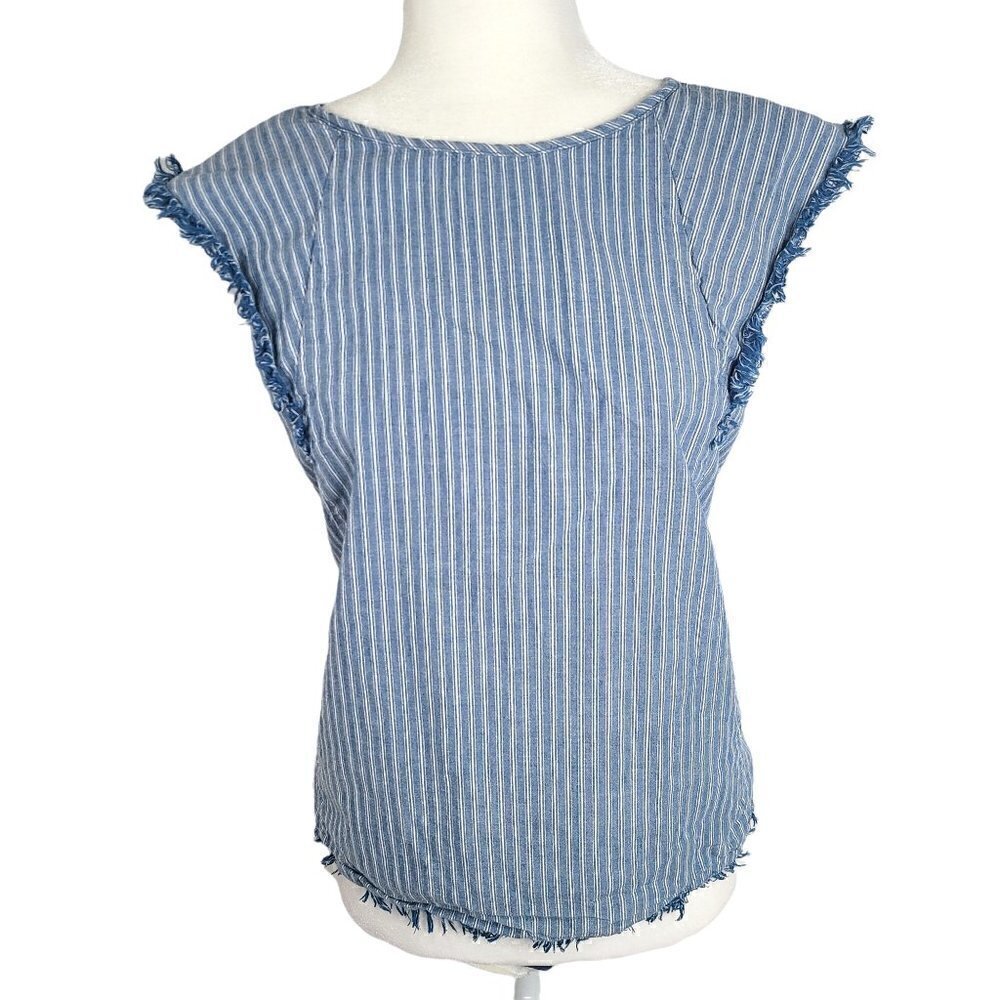Doe & Rae Chambray Blue Striped Cap Fringe Flutter Sleeve Top